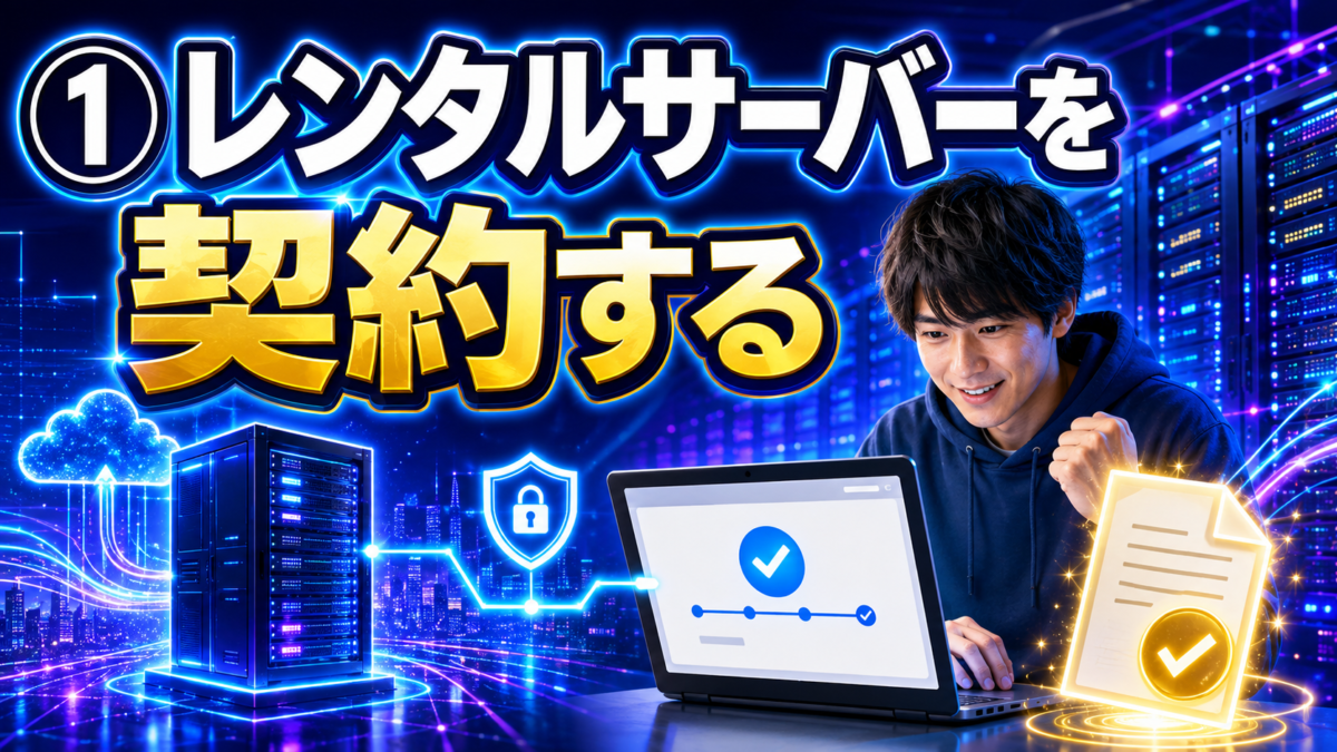 サーバー設備・契約完了画面・チェック付きの契約書・セキュリティを入れて、レンタルサーバーを契約する手順が伝わる画像