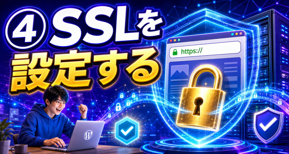 「https://」・鍵・保護シールド・サーバーを入れて、SSLでサイトを安全にすることがひと目で伝わる画像