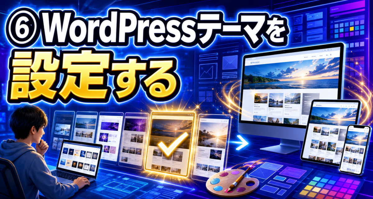 複数のテーマ候補・選択マーク・完成したパソコンとスマホ表示を入れて、WordPressテーマを選んで設定する流れが伝わる画像