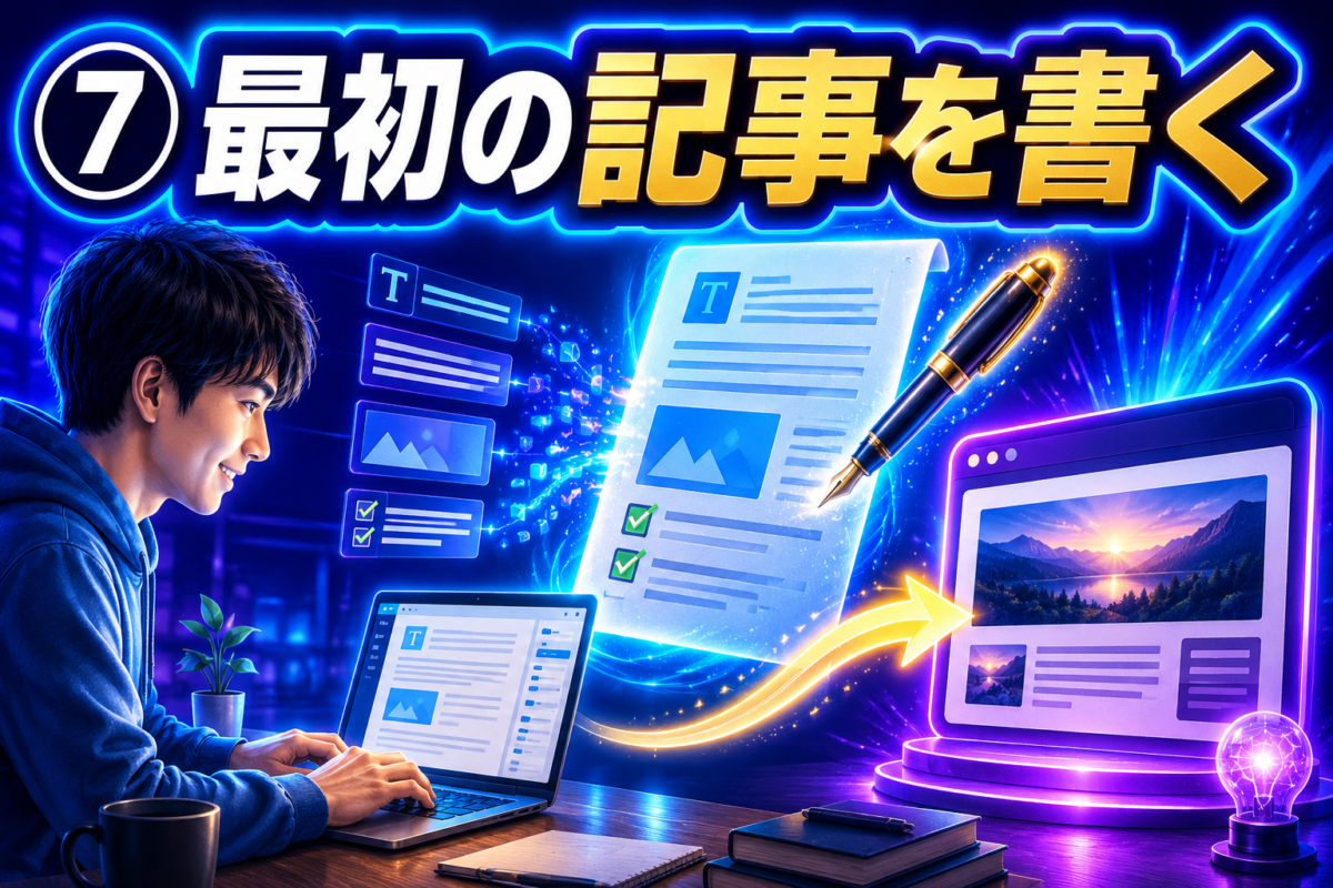 記事編集画面・文章・画像・チェック項目・公開後のブログを入れて、最初の記事を書いて公開する流れが伝わる画像