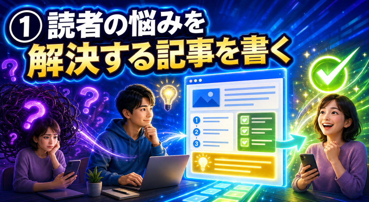 悩んでいる読者が、わかりやすい解決記事を読んで笑顔になる流れを入れて、「読者の悩みを解決する記事」の大切さが伝わる画像