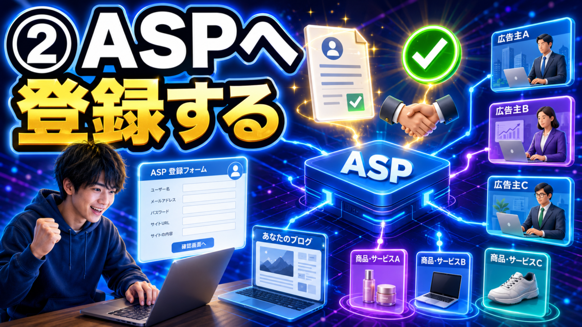 ASP登録フォーム・広告主・商品やサービス・ブログをつないで、ASPがブロガーと広告主を仲介する仕組みまで伝わる画像