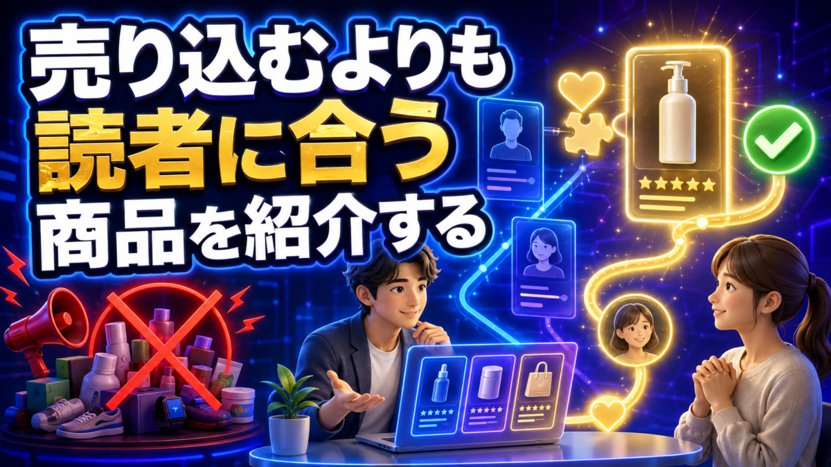 「売り込むよりも読者に合う商品を紹介する」がひと目で伝わる、押し売り感のない超ド派手な横長画像