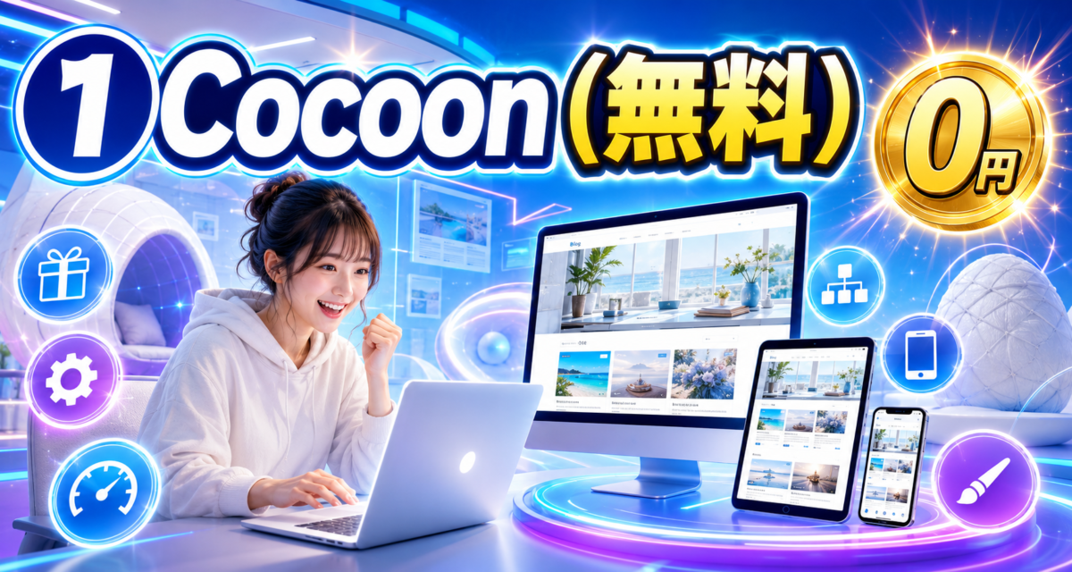「0円」・初心者でも扱いやすい設定・表示速度・スマホ対応・カスタマイズ・完成したブログを入れて、無料テーマCocoonの魅力が伝わる画像