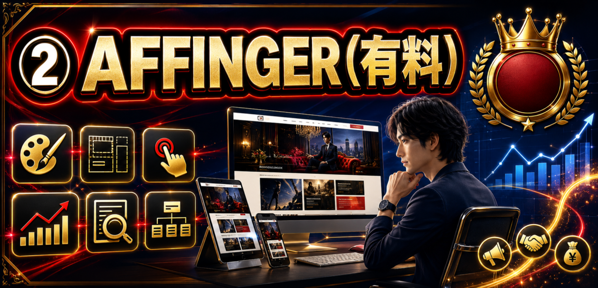 有料WordPressテーマAFFINGERのデザイン機能・SEO対策・収益化機能を表したイメージ画像