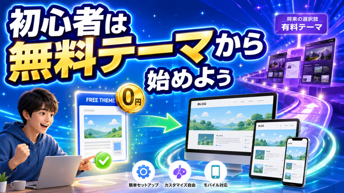 初心者が無料のWordPressテーマを選び、ブログ運営を始める様子を表したイメージ画像