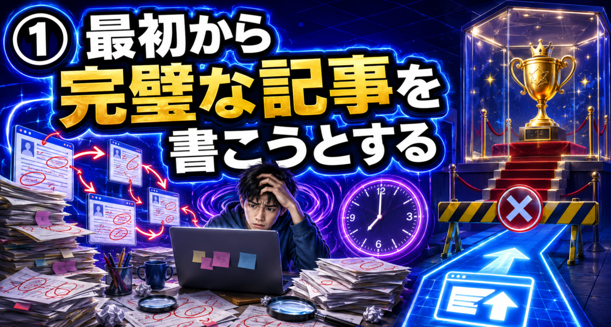最初から完璧な記事を目指して修正を繰り返し、公開できずに悩む初心者を表したイメージ画像