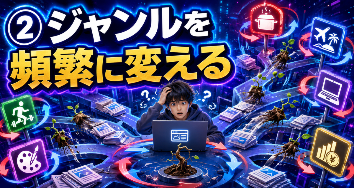 ブログのジャンルを頻繁に変更し、記事やサイトが育たずに悩む初心者を表したイメージ画像