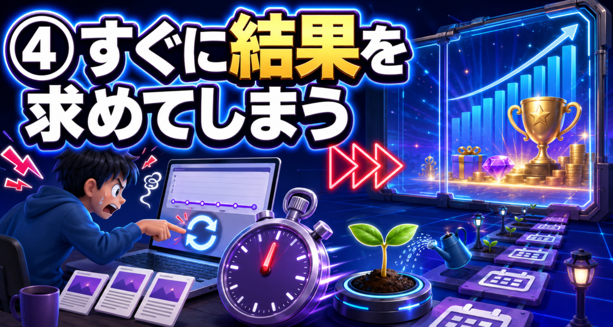 ブログを始めてすぐにアクセスや収益の結果を求め、焦ってしまう初心者を表したイメージ画像