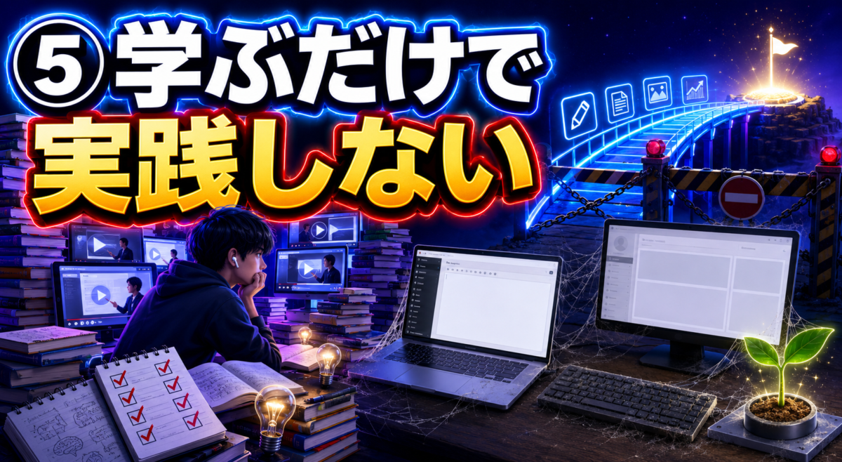 ブログについて学ぶだけで記事を書かず、実践できていない初心者を表したイメージ画像