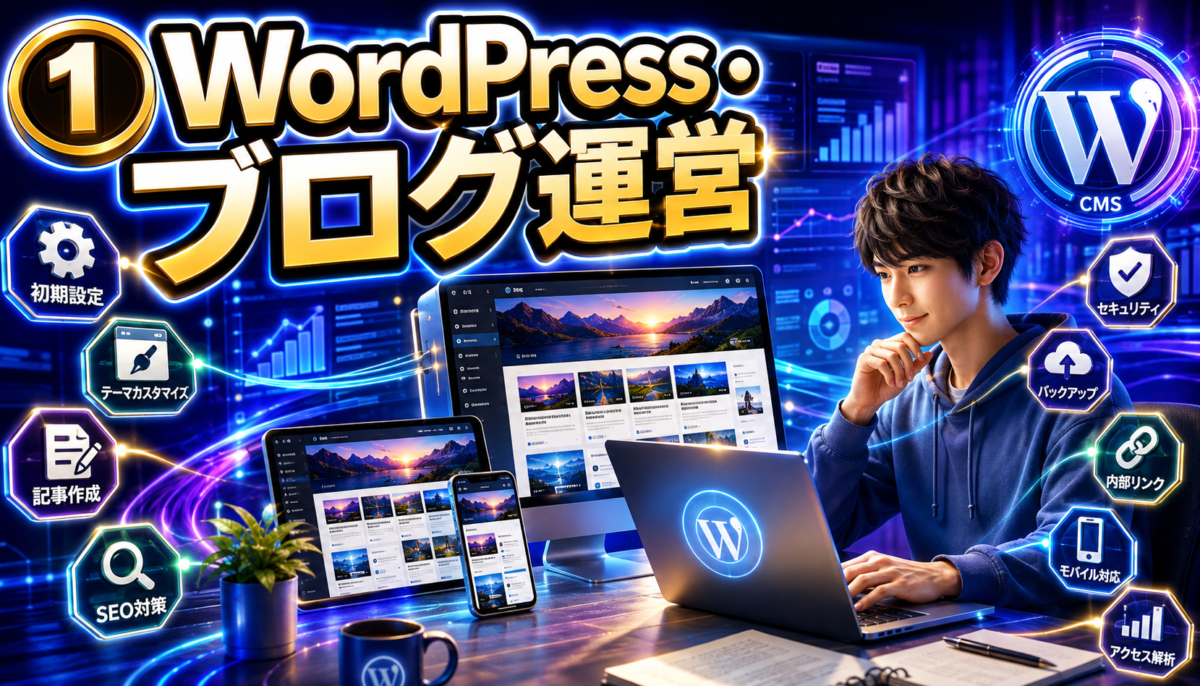 WordPressの初期設定・記事作成・SEO対策・セキュリティなど、ブログ運営に必要な作業を表したイメージ画像