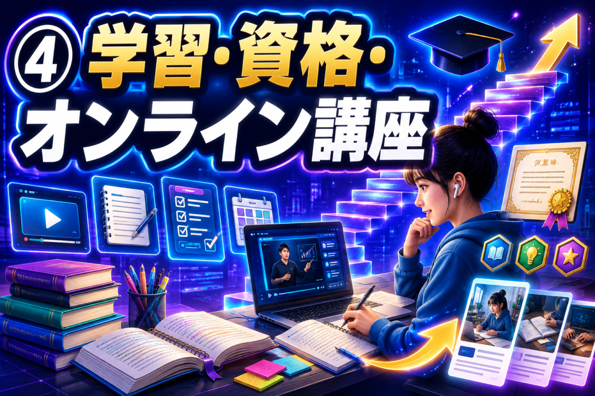 オンライン講座や書籍で学習し、資格取得や学習体験をブログ記事にまとめる様子を表したイメージ画像
