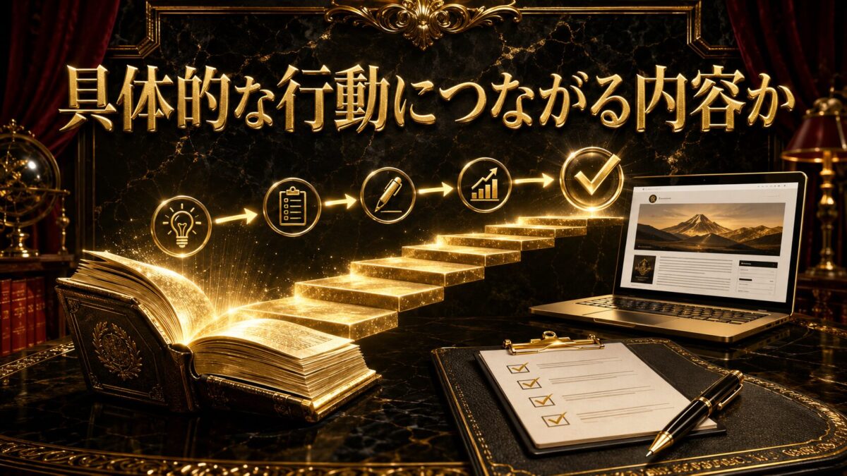 アフィリエイト教材で学んだ内容を記事作成・公開・分析・改善という具体的な行動につなげる様子を表した画像