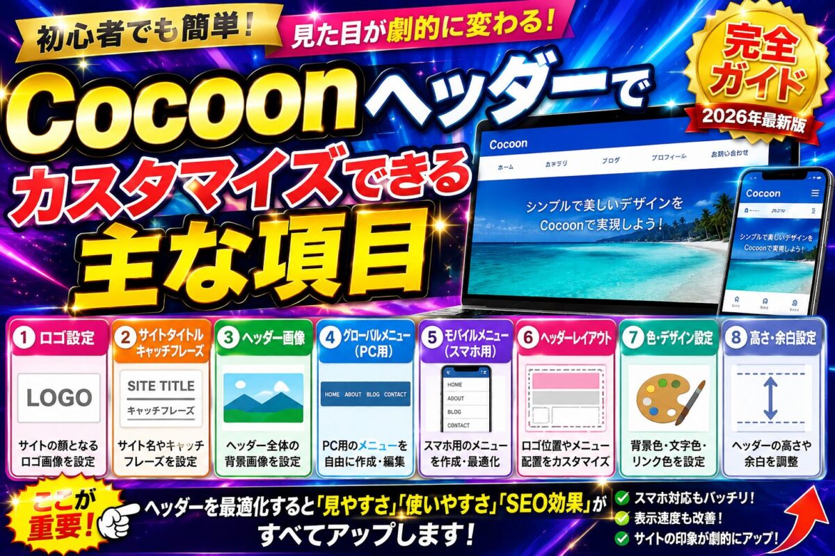 Cocoonヘッダーで変更できるロゴ・ヘッダー画像・メニュー・背景色・CSSなど主なカスタマイズ項目を紹介する画像