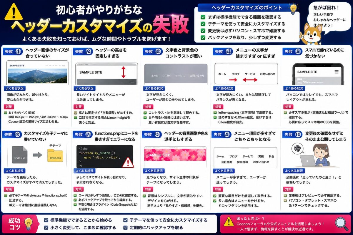 初心者がやりがちなCocoonヘッダーカスタマイズの失敗例と改善方法を紹介する画像