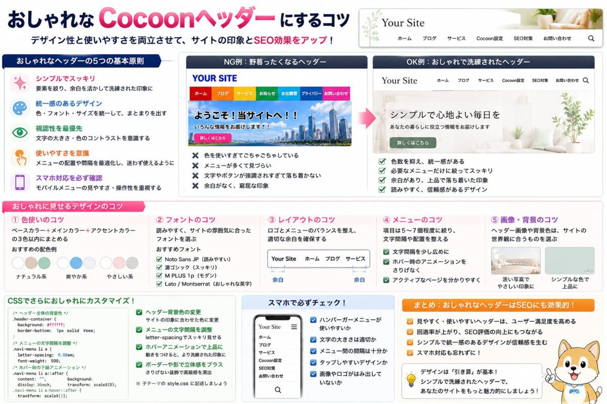 おしゃれで見やすいCocoonヘッダーを作るデザインのコツとSEOを意識した設定方法を紹介する画像