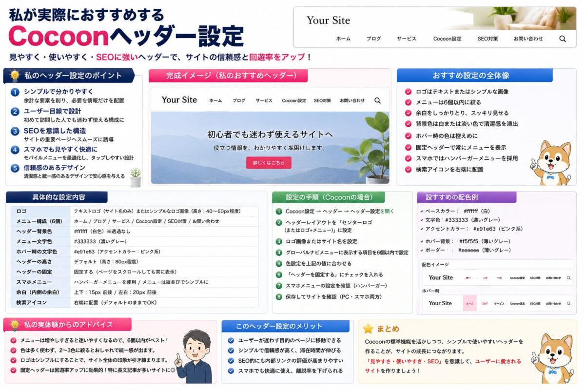 僕が実際におすすめしているCocoonヘッダー設定と見やすいサイト構成を紹介する画像