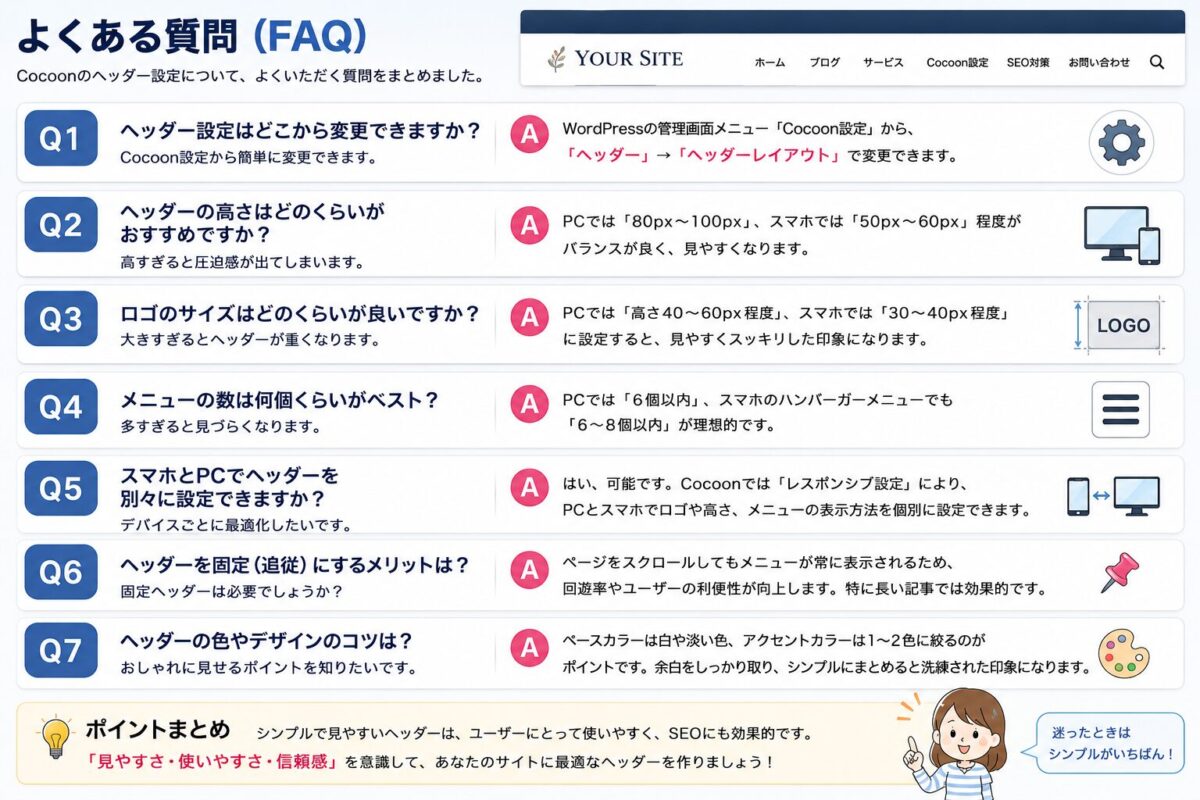 Cocoonヘッダーカスタマイズでよくある質問と初心者向けの回答をまとめたFAQ画像