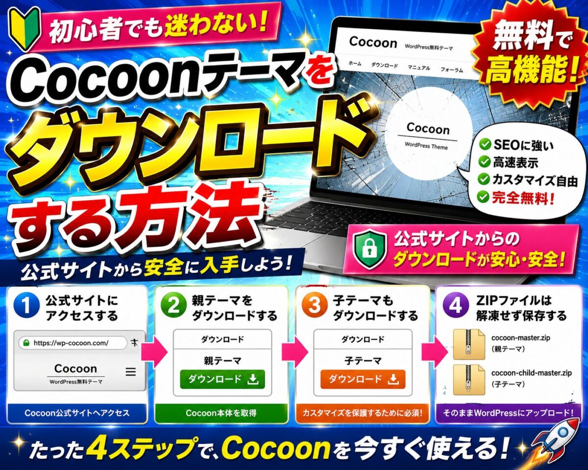 Cocoonテーマを公式サイトからダウンロードする方法を解説する画像。親テーマ・子テーマの取得手順や安全なダウンロード方法を初心者向けに紹介。