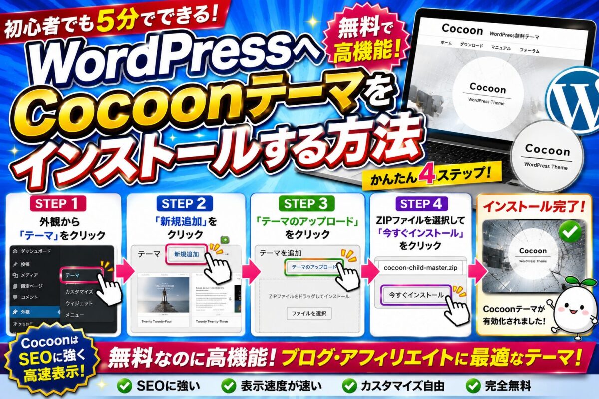 WordPressへCocoonテーマをインストールする方法を解説する画像。テーマのアップロードから有効化までの手順を初心者向けに紹介。