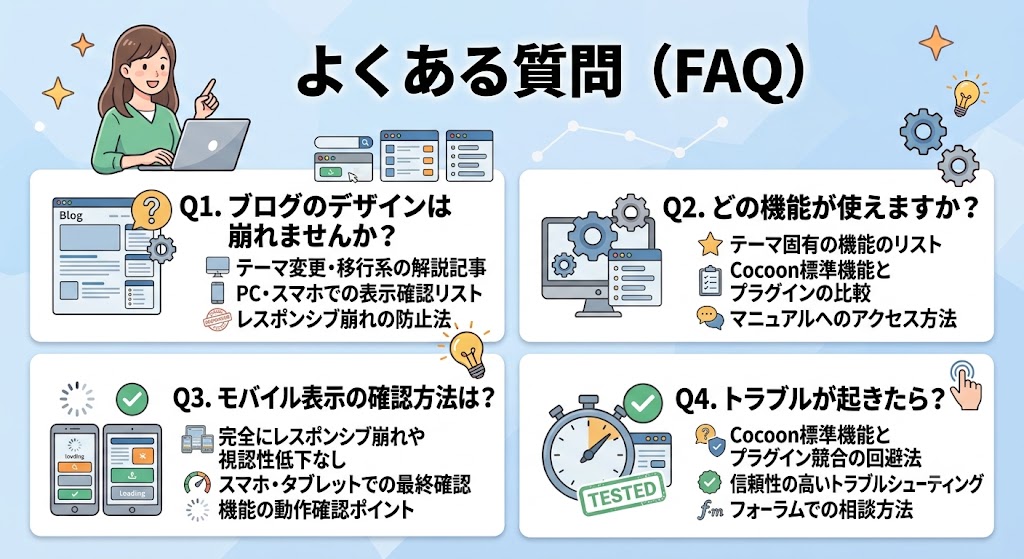 淡いブルーの背景に「よくある質問(FAQ)」と大きく書かれたQ&A解説画像。左上にはノートPCを前にして解説している女性のイラストが描かれている。画面内には4つの代表的な質問と回答のヒントが並んでおり、「Q1. ブログのデザインは崩れませんか?(テーマ変更・移行系の解説記事、PC・スマホでの表示確認リスト)」「Q2. どの機能が使えますか?(テーマ固有の機能のリスト、Cocoon標準機能とプラグインの比較)」「Q3. モバイル表示の確認方法は?(完全にレスポンシブ崩れや視認性低下なし、スマホ・タブレットでの最終確認)」「Q4. トラブルが起きたら?(Cocoon標準機能とプラグイン競合の回避法、フォーラムでの相談方法)」が、ブログ画面、PCと歯車、スマートフォン、ストップウォッチのイラストと共に紹介されている。