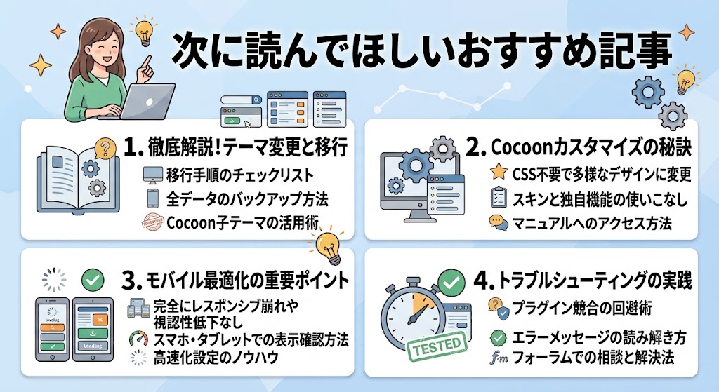 淡いブルーの背景に「次に読んでほしいおすすめ記事」と大きく書かれた、記事末尾の回遊を促すリンク誘導画像。左上にはノートPCを開いて電球のひらめきと共に指を立てている女性のイラストが描かれている。画面内には次に読むべき4つのテーマが並んでおり、「1. 徹底解説!テーマ変更と移行(移行手順のチェックリスト、全データのバックアップ方法)」「2. Cocoonカスタマイズの秘訣(CSS不要で多様なデザインに変更、スキンと独自機能の使いこなし)」「3. モバイル最適化の重要ポイント(完全にレスポンシブ崩れや視認性低下なし、高速化設定のノウハウ)」「4. トラブルシューティングの実践(プラグイン競合の回避術、エラーメッセージの読み解き方)」が、開いた本、PCと歯車、スマートフォン、ストップウォッチのイラストと共に紹介されている。
