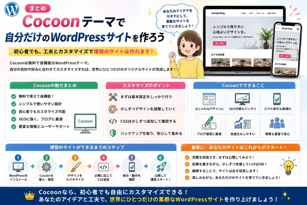 Cocoonテーマを活用して自分だけのWordPressサイトを作るポイントをまとめたイメージ画像