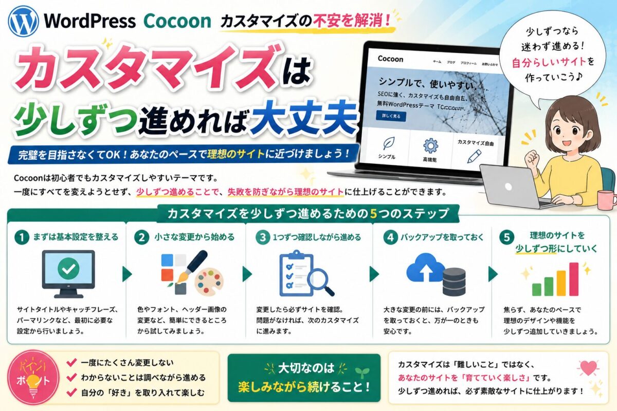 Cocoonカスタマイズは少しずつ進めることが成功のコツであることを伝えるイメージ画像