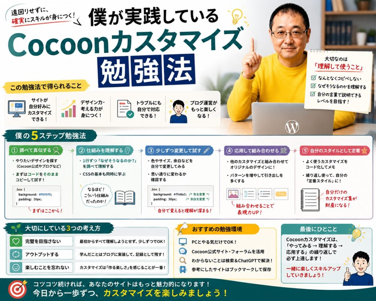 僕が実践しているCocoonカスタマイズ勉強法を初心者向けに紹介した画像