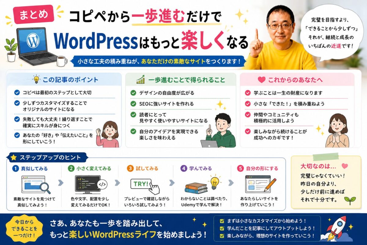 Cocoonカスタマイズはコピペから一歩進むことでWordPressがもっと楽しくなることを伝えるまとめ画像