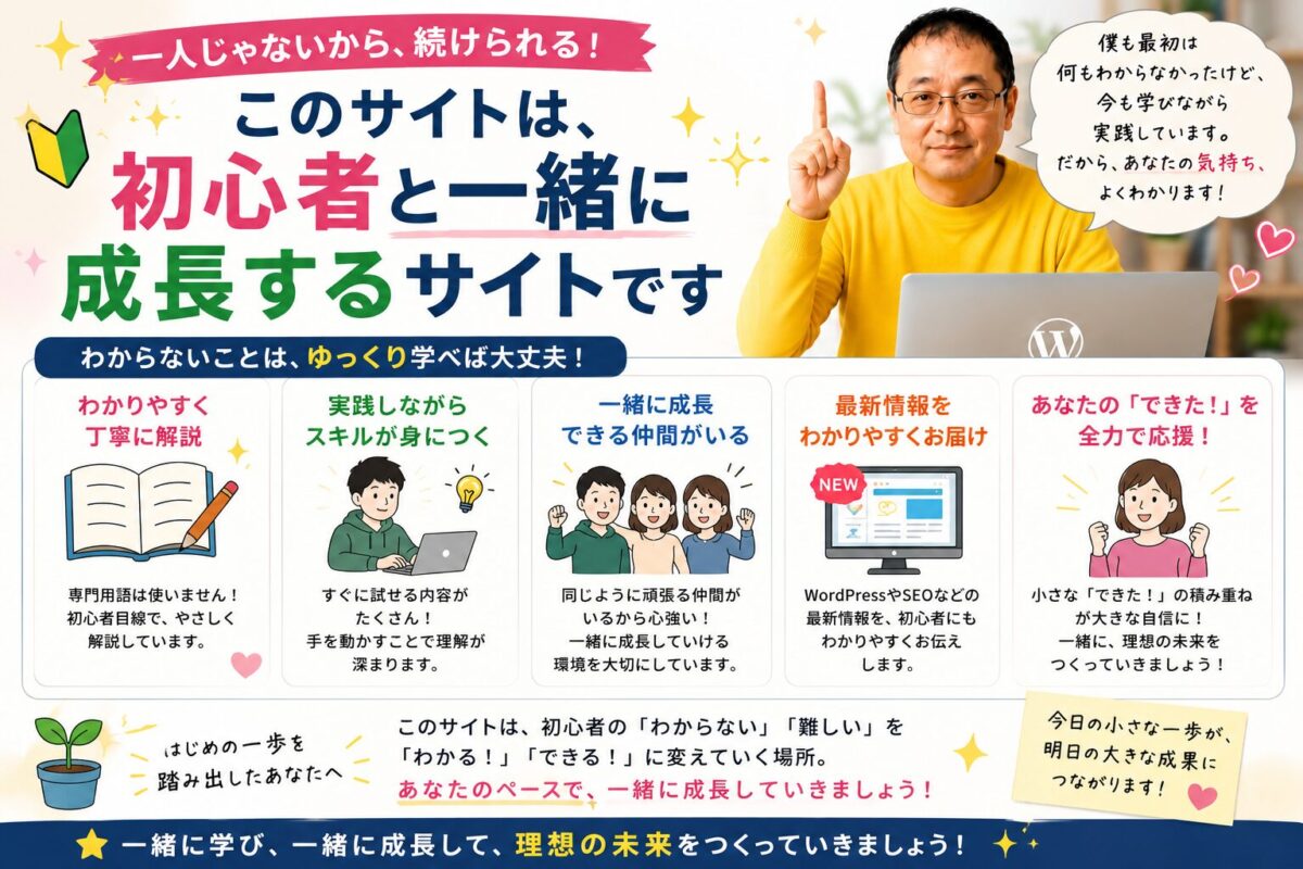 初心者と一緒に成長するWordPress学習サイトをイメージしたメッセージ画像