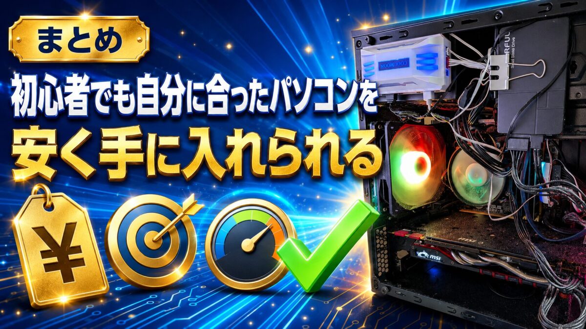 初心者でも用途や予算に合ったパソコンを安く手に入れられることを伝えるまとめ画像