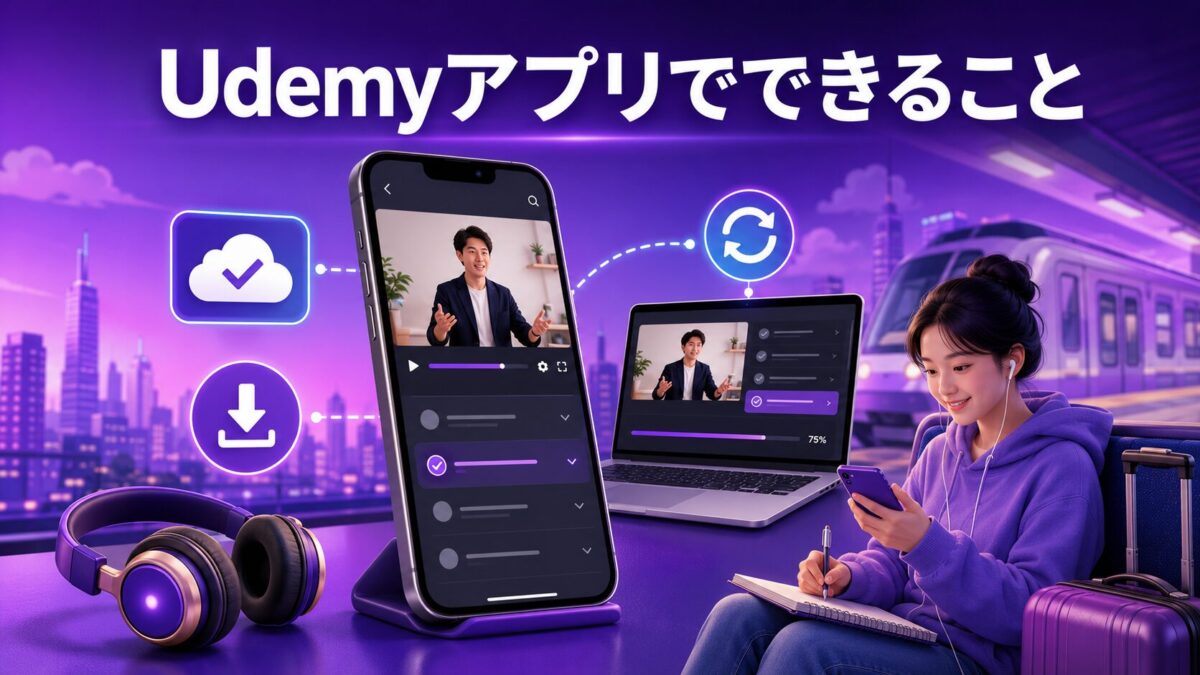 Udemyアプリで動画視聴・講座のダウンロード・学習状況の同期ができる