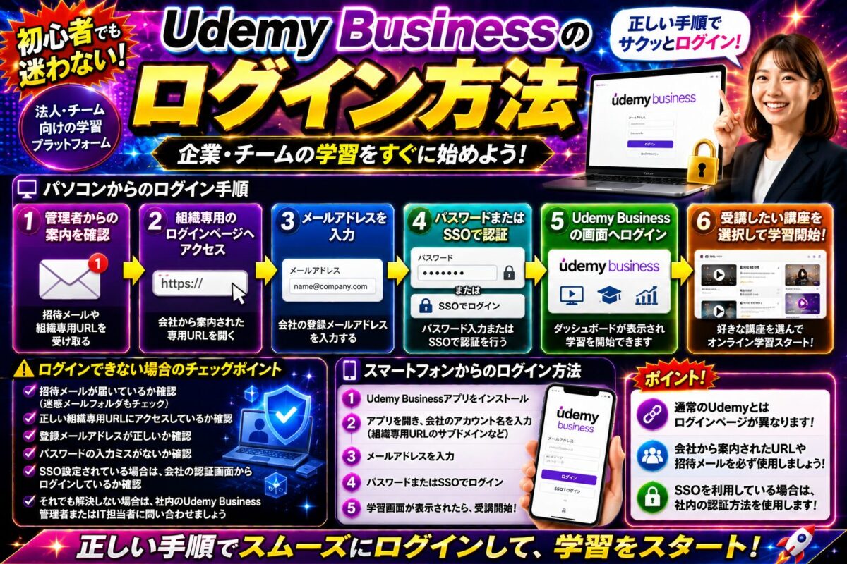 Udemy Businessのログイン方法を初心者向けに解説するイメージ画像
