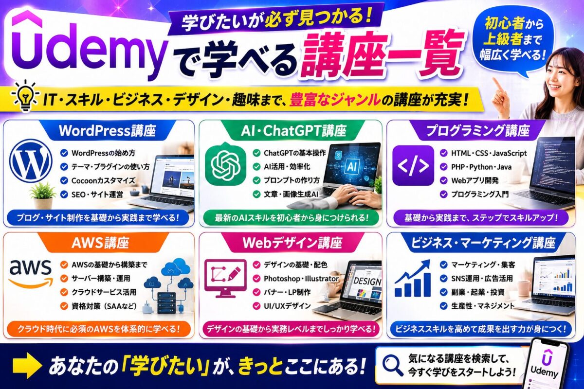Udemyで学べる講座ジャンルを一覧で紹介しているイメージ画像