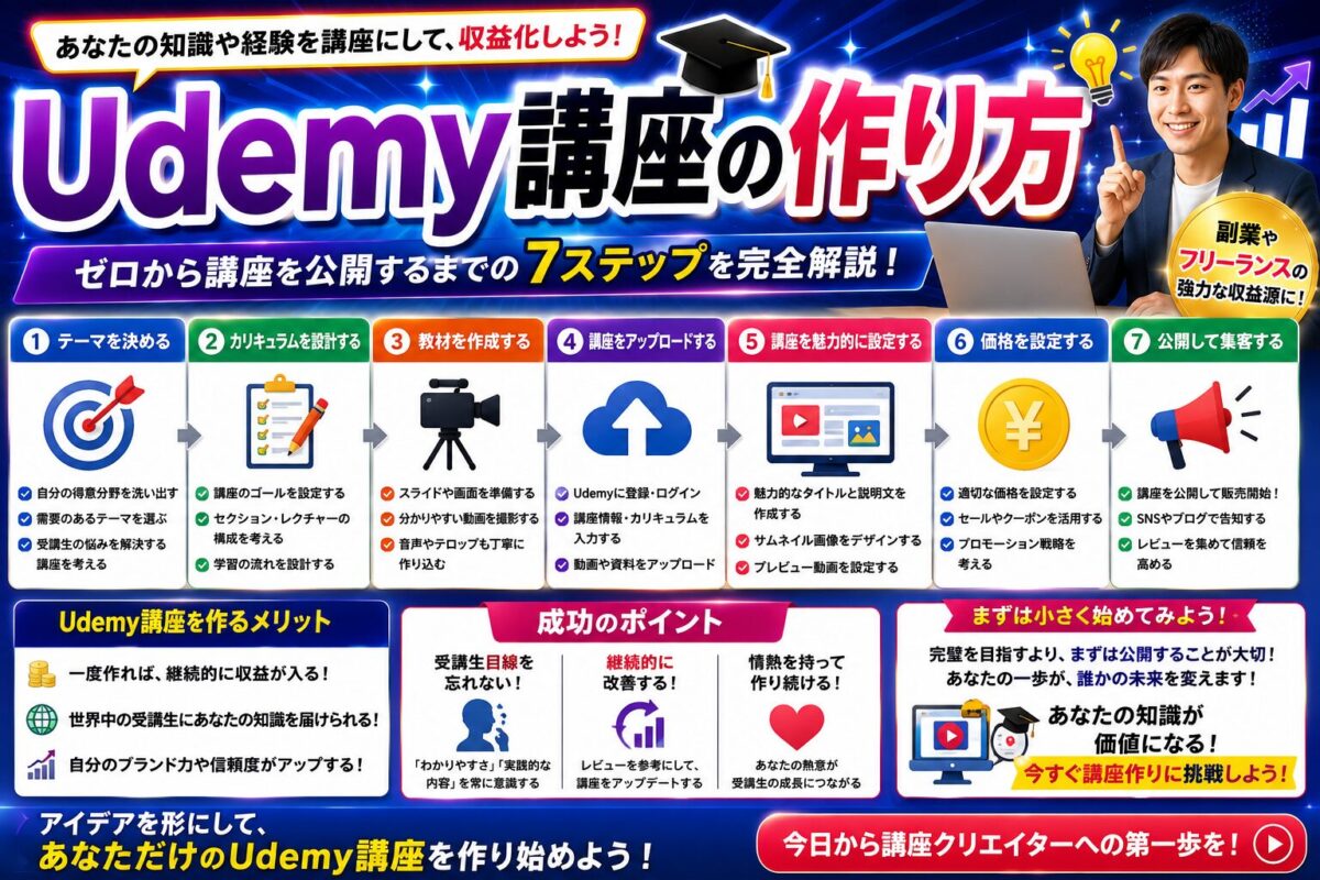 Udemy講座の作り方をテーマ選びから公開まで初心者向けに解説したイメージ画像