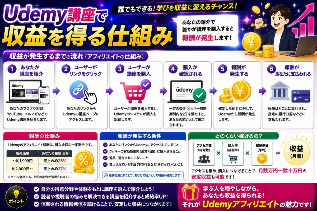 Udemy講座を販売して収益を得る仕組みや収益化の流れを解説したイメージ画像