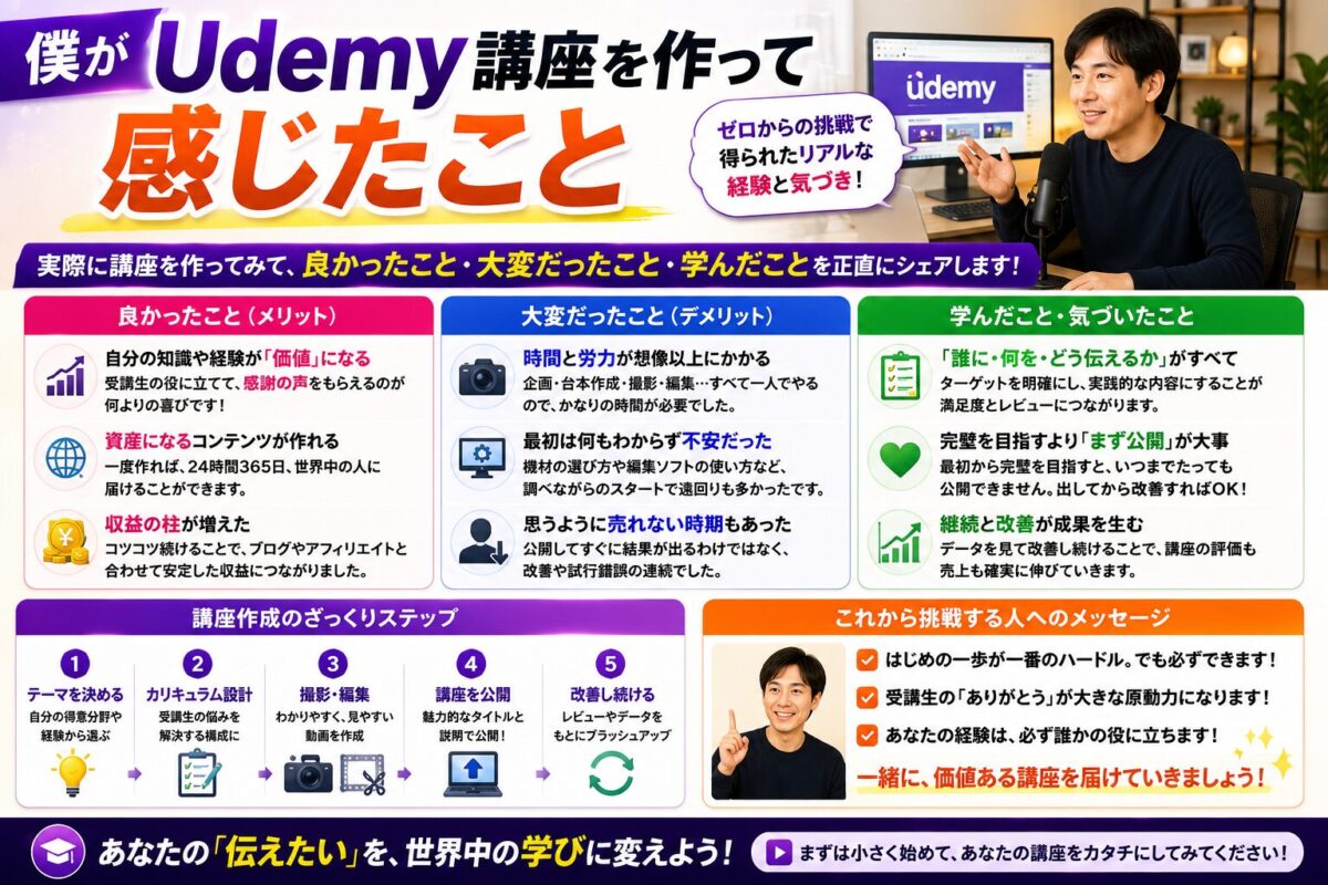 実際にUdemy講師として講座を作成・販売して感じたことを紹介したイメージ画像