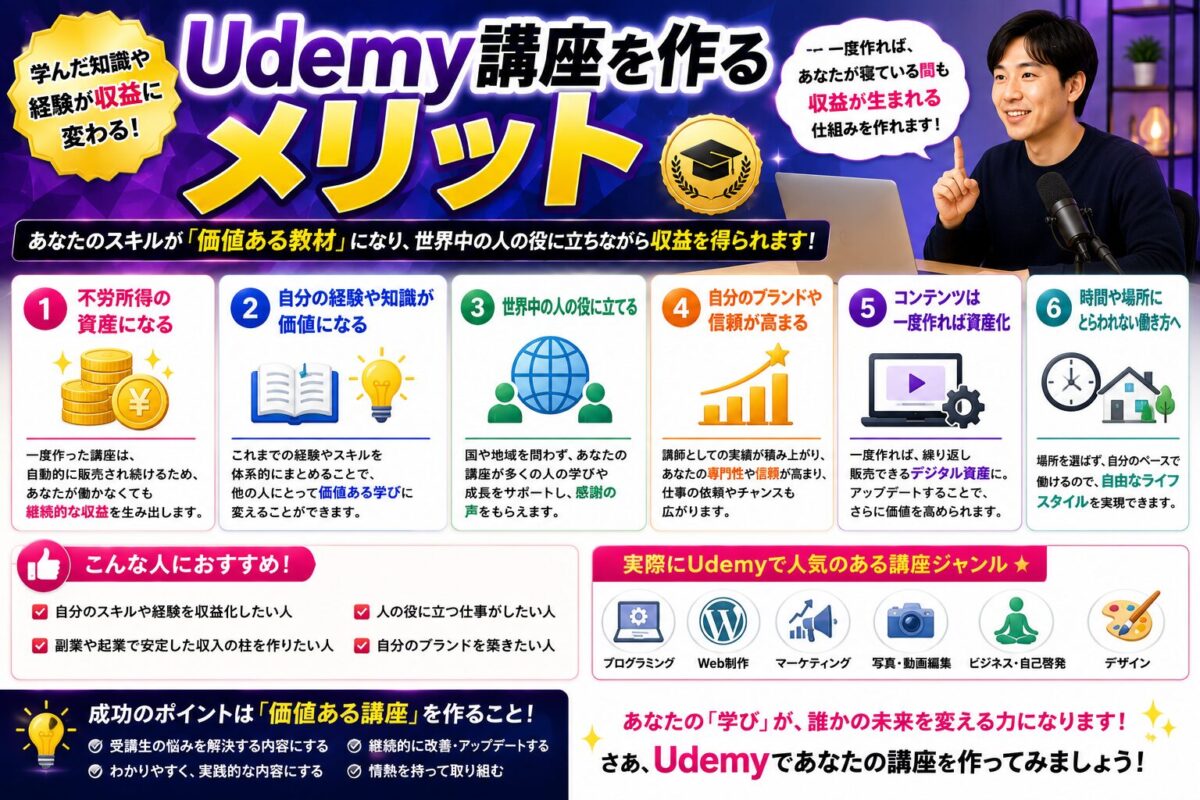 Udemy講座を作るメリットや講師になる魅力をわかりやすく紹介したイメージ画像
