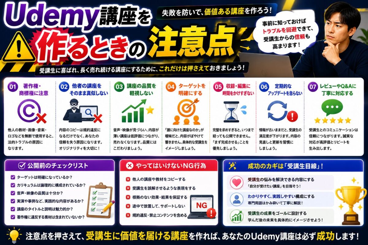 Udemy講座を作る際に注意すべきポイントや失敗しないコツを紹介したイメージ画像