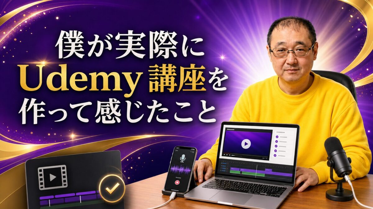 現役講師の武田泰司がパソコンとスマートフォンを使ってUdemy講座を作成する様子