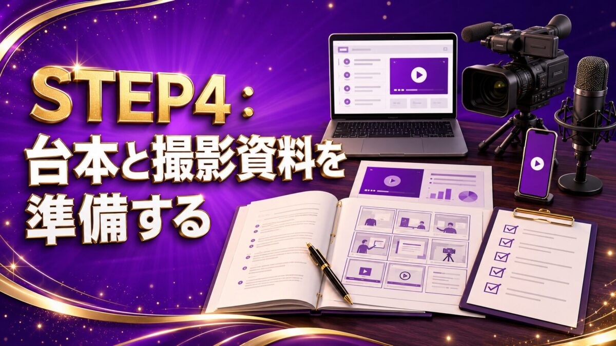 Udemy講座の台本や撮影資料、カメラ、マイク、パソコンを準備する様子