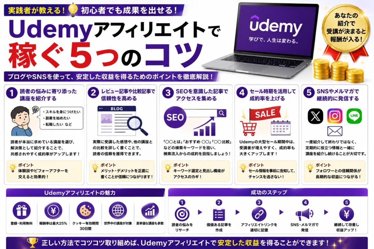 Udemyアフィリエイトで成果を出すための5つのコツを初心者向けにまとめた解説画像。