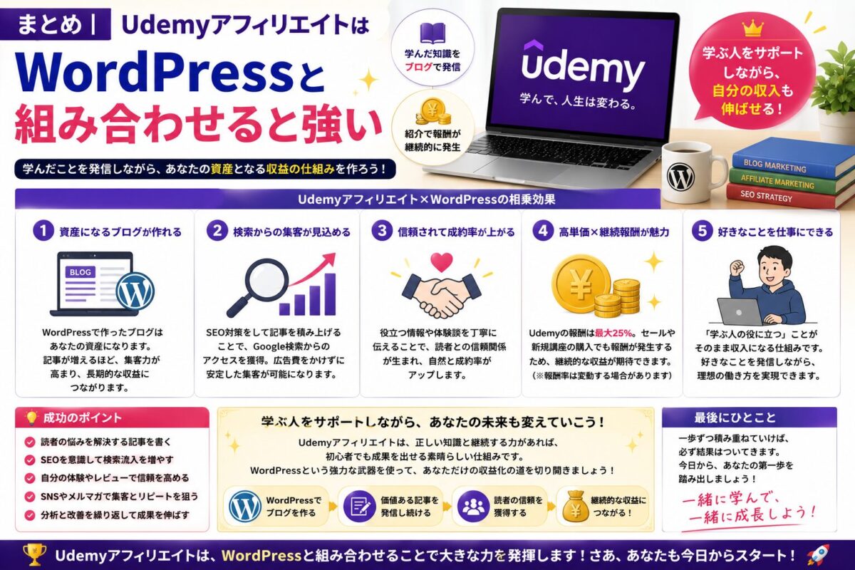 UdemyアフィリエイトはWordPressブログと組み合わせることで収益化しやすいことをまとめた画像。