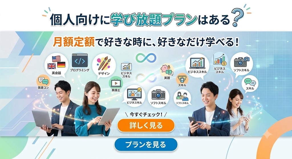 「個人向けに学び放題プランはある？月額定額で好きな時に、好きなだけ学べる！」というキャッチコピーが書かれたWebサイト用の横長バナー画像。ノートPCやタブレットを操作する男女のイラストと、英会話、プログラミング、デザイン、ビジネススキルなどの学習項目を表すアイコンが散りばめられており、中央下部には「詳しく見る」「プランを見る」というボタンが配置されている。