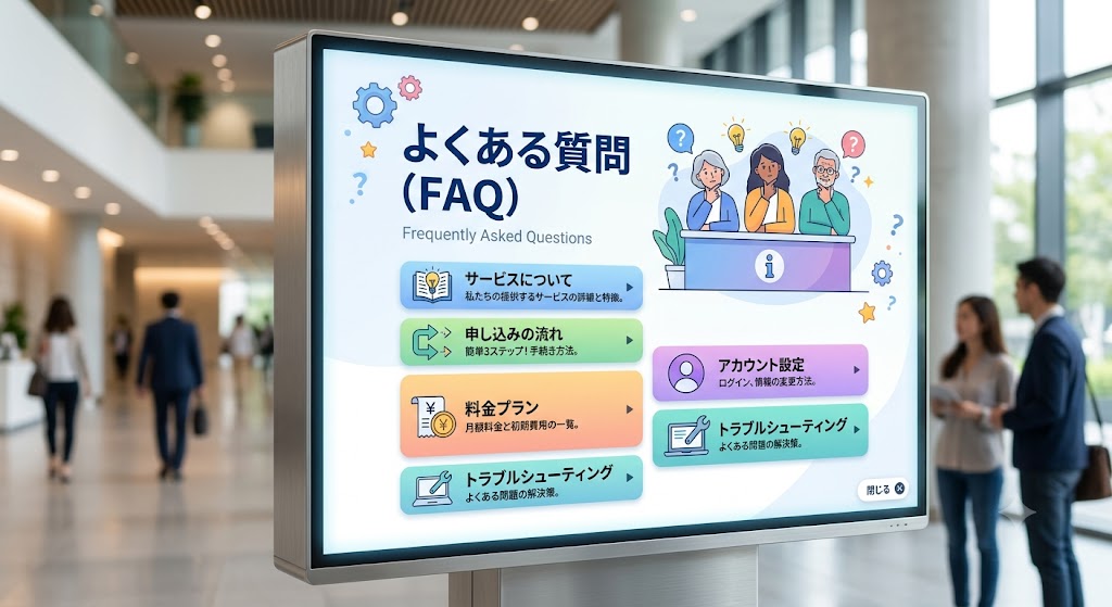 オフィスのロビーのような背景に置かれたデジタルサイネージ（電子看板）の画像。画面には「よくある質問（FAQ） Frequently Asked Questions」と書かれており、質問中の男女3人のイラストが描かれている。下部には「サービスについて（僕たちの提供するサービスの詳細と特徴。）」「申し込みの流れ（簡単3ステップ！手続き方法。）」「料金プラン（月額料金と初期費用の一覧。）」「アカウント設定」「トラブルシューティング」といった、よくある質問のカテゴリーボタンが並んでいる。