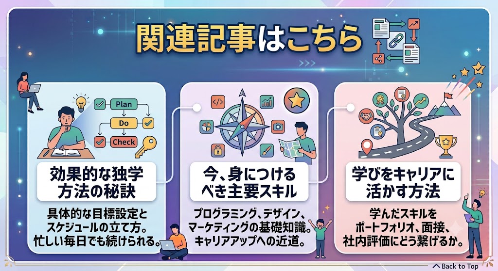 青と紫のグラデーション背景に「関連記事はこちら」と大きく書かれたスライド画像。下部に3つの関連リンクカードが並んでおり、左は「効果的な独学方法の秘訣（具体的な目標設定とスケジュールの立て方。忙しい毎日でも続けられる。）」、中央は「今、身につけるべき主要スキル（プログラミング、デザイン、マーケティングの基礎知識。キャリアアップへの近道。）」、右は「学びをキャリアに活かす方法（学んだスキルをポートフォリオ、面接、社内評価にどう繋げるか。）」が、それぞれのテーマに合わせたイラストと共に紹介されている。