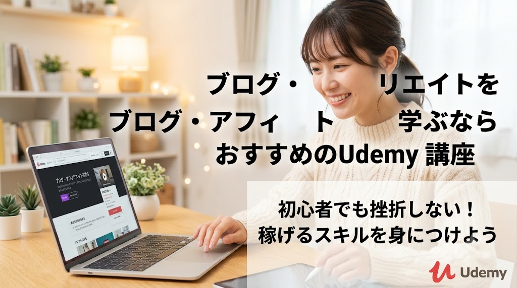 すめのUdemy講座」「初心者でも挫折しない！稼げるスキルを身につけよう」という文字とUdemyのロゴが入った、WordPressブログ用アイキャッチ画像。