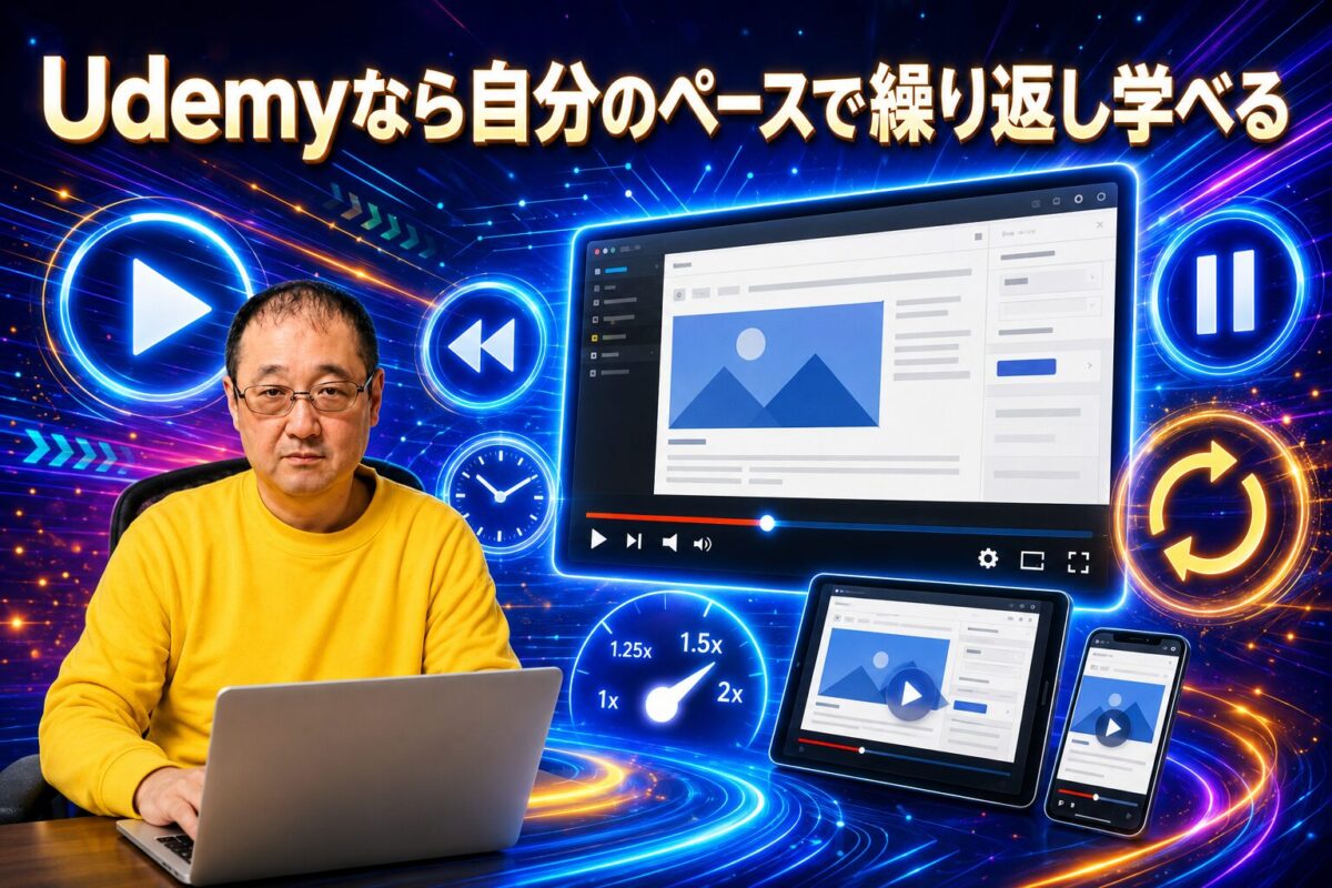 Udemyの動画を停止・巻き戻し・繰り返し再生しながら学習する様子