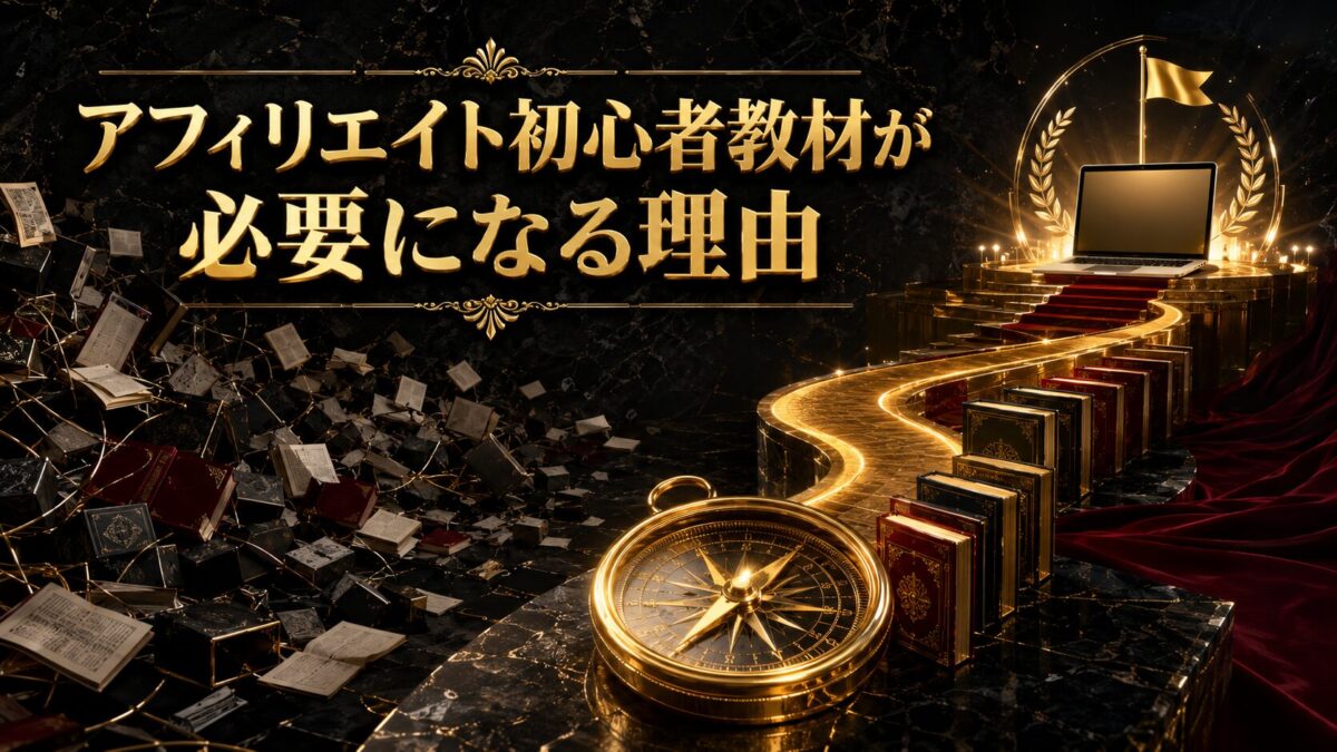 情報が多すぎて迷う初心者をアフィリエイト教材が正しい実践ルートへ導く様子を表した画像